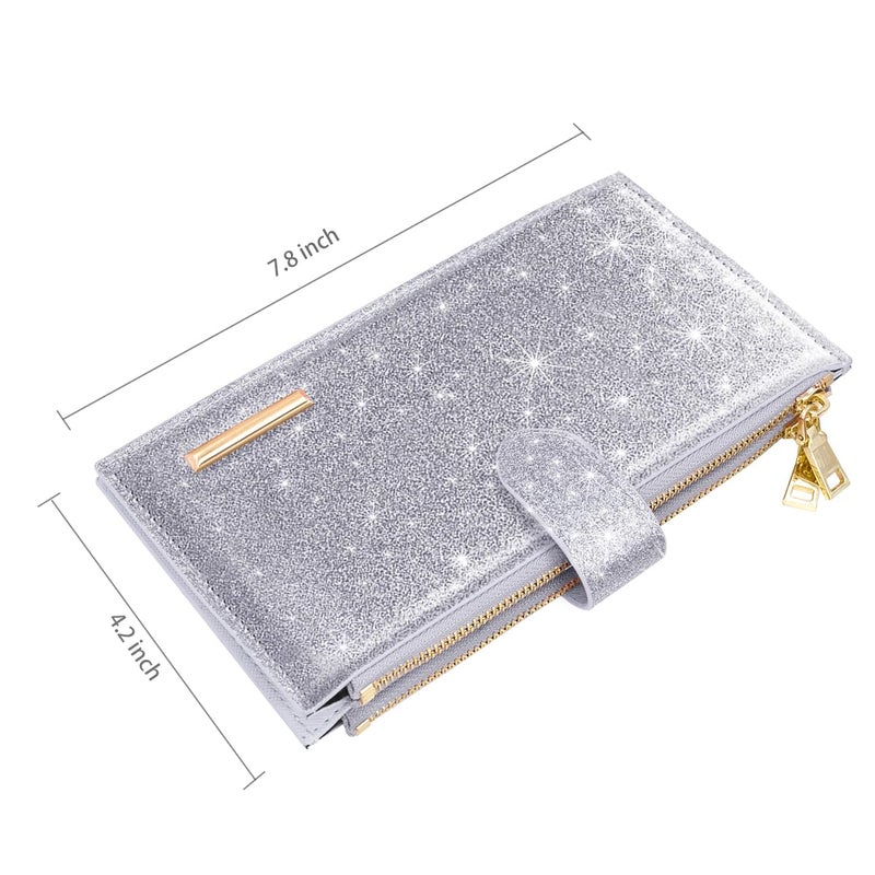 Coco Rossi Womens RFID Blocking Glitter Wallet Multi Card Organizer Bifold Wallet for Women with Zipper Pocket,Silver - Image 5